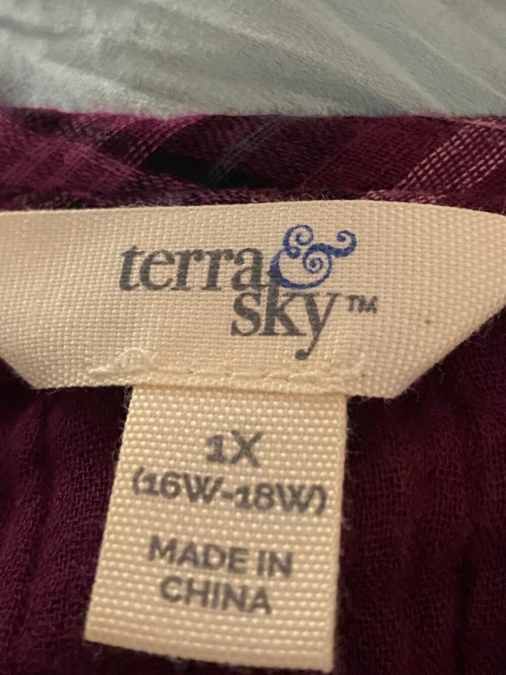 FEMININE & COLORFUL, Terra & Sky, short sleeve, burgundy plaid blouse, size 1X - Picture 7 of 9
